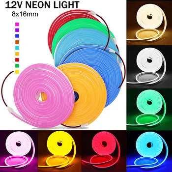 12V LED Neon Light 8x16mm Lanksti LED Šviesos Juostelės 2835 120Leds/m Vandeniui LED Juostos, Baltos spalvos Šiltas Ledo Mėlynos Geltonos, Rožinės Raudonos, Žalios