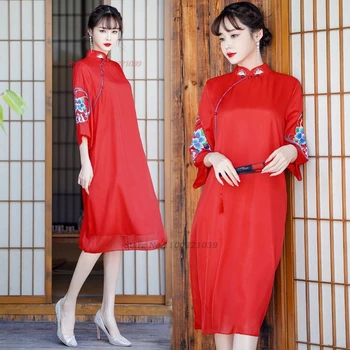 2024 m. kinijos vintage suknelė cheongsam geresnis-line qipao nacionalinės gėlių siuvinėjimas šifono suknelė rytų pokylių šalies qipao