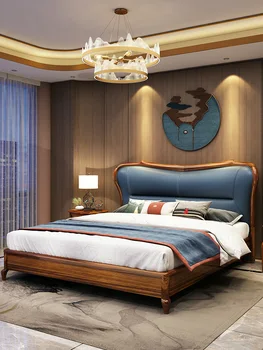 Amerikos lengvojo prabangių medžio masyvo oda lova Europos stiliaus prabangus karalienės lova miegamojo modernaus stiliaus dvigule lova princesė