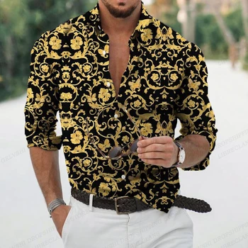 Aukso Havajų Marškinėliai Vyrams Mados Marškinėliai Prabangių Gėlių Marškiniai ilgomis Rankovėmis Beach Palaidinė Europos stiliaus Camisas Vyrų Drabužiai Grandinės