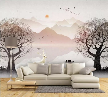 beibehang Užsakymą tapetai 3d freskos Šiaurės miškų abstraktaus meno rašalo kraštovaizdžio baltas elnias fono sienos dokumentų namų dekoro