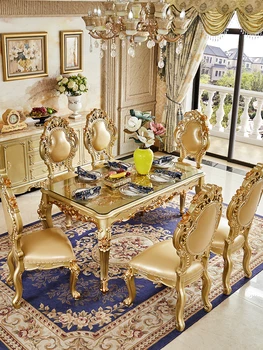 Europos medžio masyvo iškirpti stačiakampio formos, valgomojo stalas ir kėdė derinys villa champagne gold grūdintas stiklas namuose