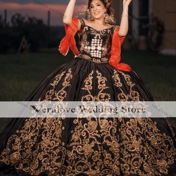 Juoda Quinceanera Suknelės, Gėlių Aplikacijos nuo Peties Saldus 16 XV vestidos de 15 años Meksikos Prom Šalis Nešioti