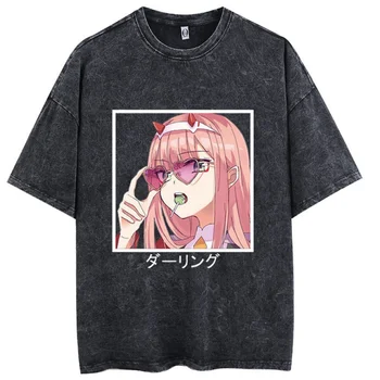 Juokinga Darling Į Franxx Tshirts Anime Nulis Du Grafinis T-shirt Medvilnės Retro Nuplauti Vasaros trumpomis Rankovėmis Harajuku Tee Viršūnės