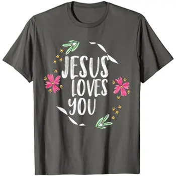 Jėzus Myli Tave su Apvalios Gėlių Rėmo Grafinis T-Shirt Medvilnės Dienos Keturis Sezonus Tees Vyrų Drabužiai Vintage Marškinėliai