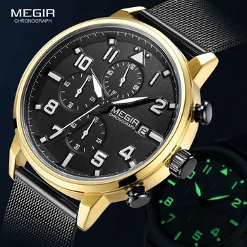 MEGIR 2020 Prabangūs vyriški Laikrodžiai Mados Nerūdijančio Plieno Tinklelio, Dirželis Chronograph Kvarcas Žiūrėti Vyro Laikrodį Montre homme de luxe