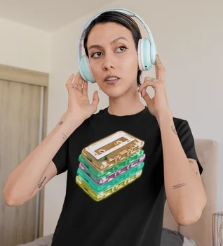 Moteriški Žėrintis Kasetės Juostos Mišinys T-Shirt 80s Hip-Hop Diskoteka Šokių Muzikos C90