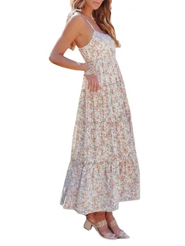 Moterų Bohemijos Ilga Suknelė Vasarai Rankovių Kaklaraištis Peties Gėlių Spausdinti Pakopų Suknelė Flowy Paplūdimio Suknelė