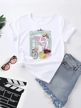Moterų Marškinėliai Naujas Vasaros Atsitiktinis O-Kaklo Spausdinti Viršūnes Derliaus Trumpas Rankovėmis Harajuku Įdomus Kawaii Viršūnes Mielas Animacinių Filmų Streetwear