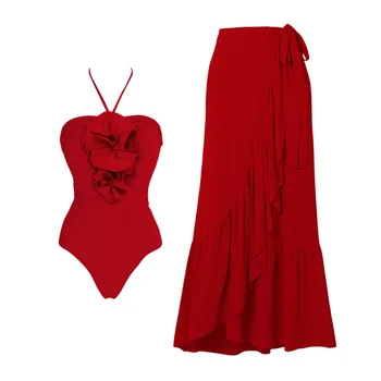 Moterų maudymosi kostiumėlį, Raudona, Gėlių-Dekoruoti Halterneck vientisas maudymosi kostiumėlis Rinkinys