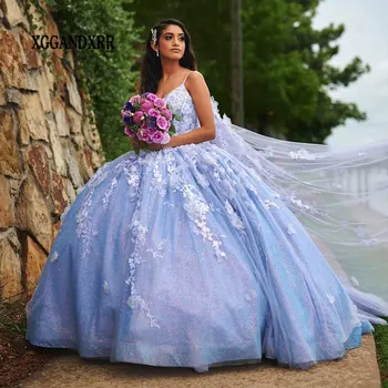 Mėlyna Quinceanera Suknelę 2024 3D Gėlių Drugelis China Princess Kamuolys Suknelė Saldus 15 Vestidos De XV Años Šalis Suknelė su Žaliuoju