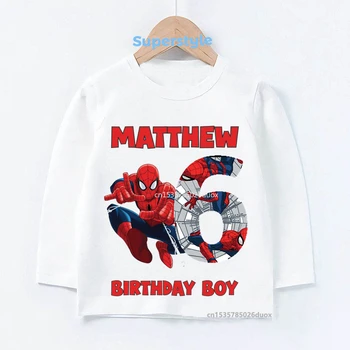 Pavasario 2024 Naujas 3 4 5 6 7 Metų žmogus-Voras Užsakymą Pavadinimas Gimtadienio Berniukas Long Sleeve T-shirt Vaikas MARVEL Spiderman Gimtadienio Berniukų Marškiniai