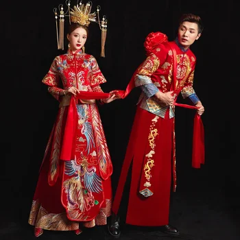 Raudona Kinų Tradicinių Vestuvių Moterų Suknelė Xiuhe Cheongsam Ilgai Qipao Siuvinėjimo Rytų Stiliaus Porą Drabužių Vestido Chino