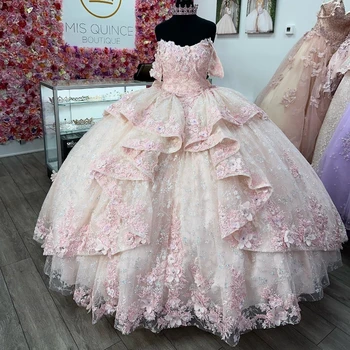 Rožinė Blizgančių Princesė Off Peties Quinceanera Suknelės 2024 Stebėjimo Nėrinių Aplikacijos Saldus 16 Kamuolys Suknelė Vestidos De Anos 15