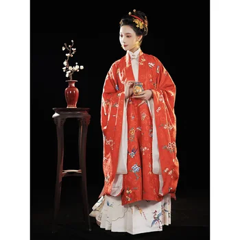 ShangGongYu Originalas Ming Dinastijos Hanfu Suknelė Moterims Raudona Gėlė, Paukščių Siuvinėjimo Didelis Rankovės Apsiaustu Ir Baltas Arklys Veido Sijonas