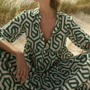Vasaros Paplūdimio Maxi Suknelė Moterims, Elegantiškas 2023 Derliaus Trys Ketvirtį Rankovėmis Atvartas Geometrinis Print-line Prarasti Hem Kratinys Suknelė