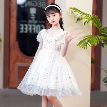 Vasaros Princesė Baltos spalvos Blizgančiais Suknelė Mergaitėms Kvėpuojantis Trumpas Rankovėmis Suknelė Vestidos Vaikų Drabužiai