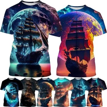 Vasarą Madingi Atsitiktinis Gatvės Laisvi Marškinėliai Topai Unisex 3D Piratų Laivas Spausdinimo Raundo Kaklo T-Shirt
